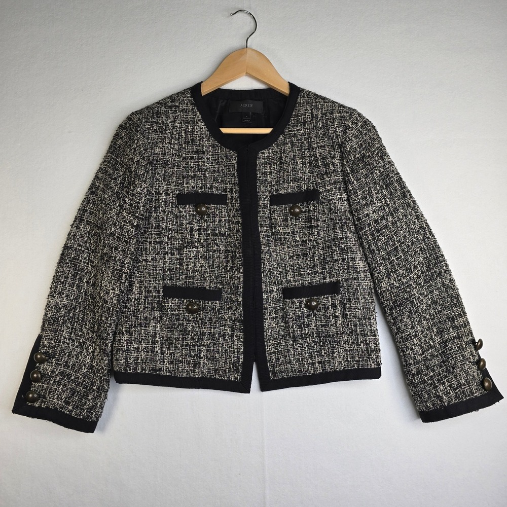 J.Crew Black White Tweed Lady Jacket Grosgrain Trim Frog Closure Blazer Size 4